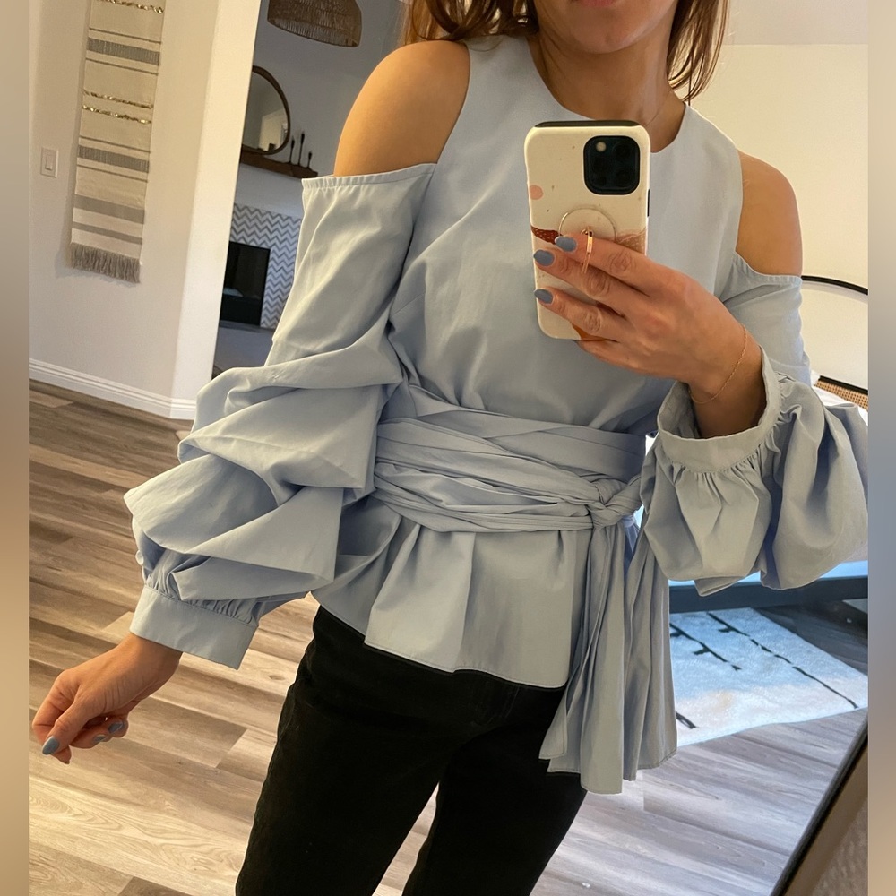 Blue, off the shoulder, puff sleeve shirt with tied waist